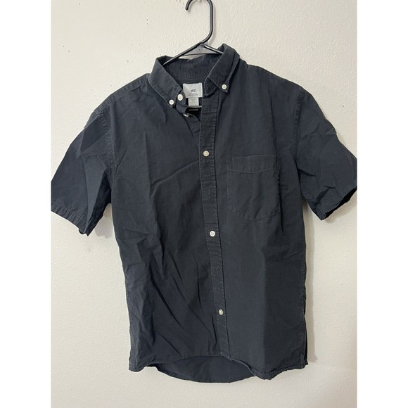 H&M Men's Short Sleeve Button Up Regular Fit Shirt Size Small Black - Picture 1 of 5